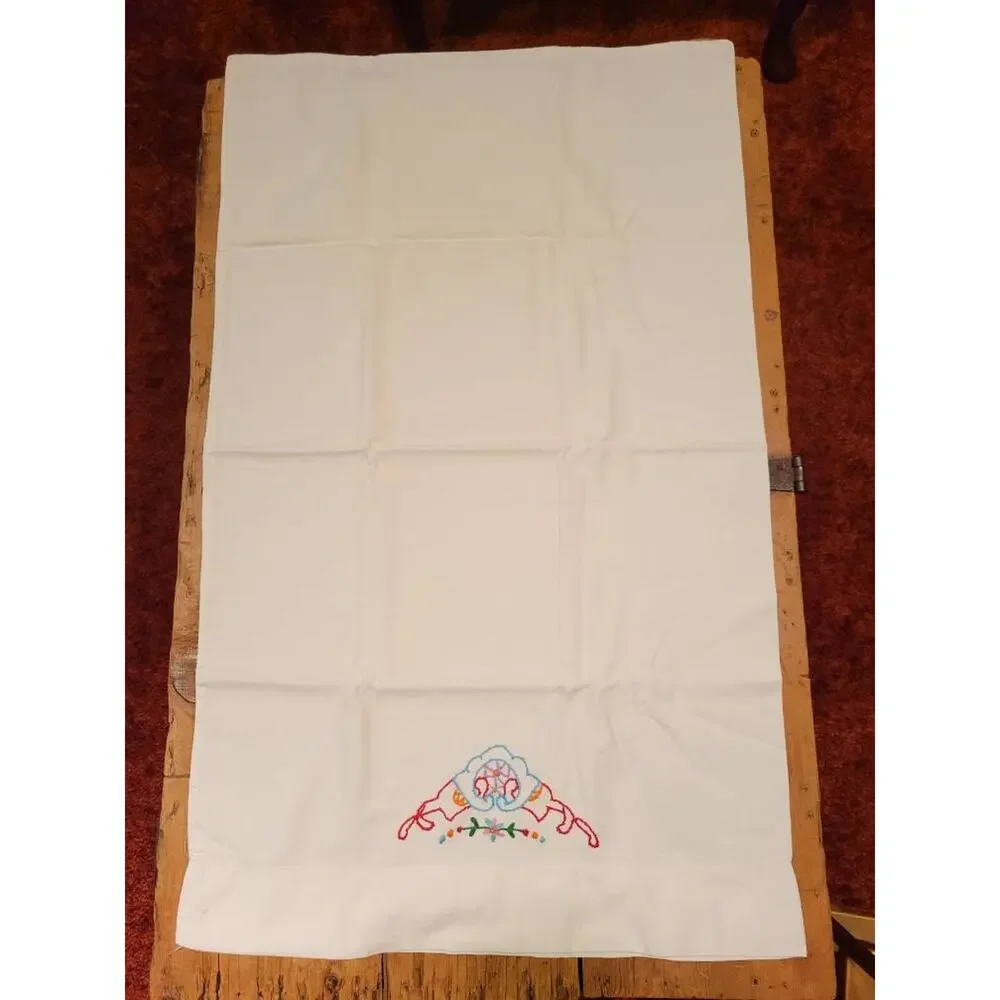 Vintage Hand Embroidered Pillowcases Set Pair White Folk Art Floral Cottagecore